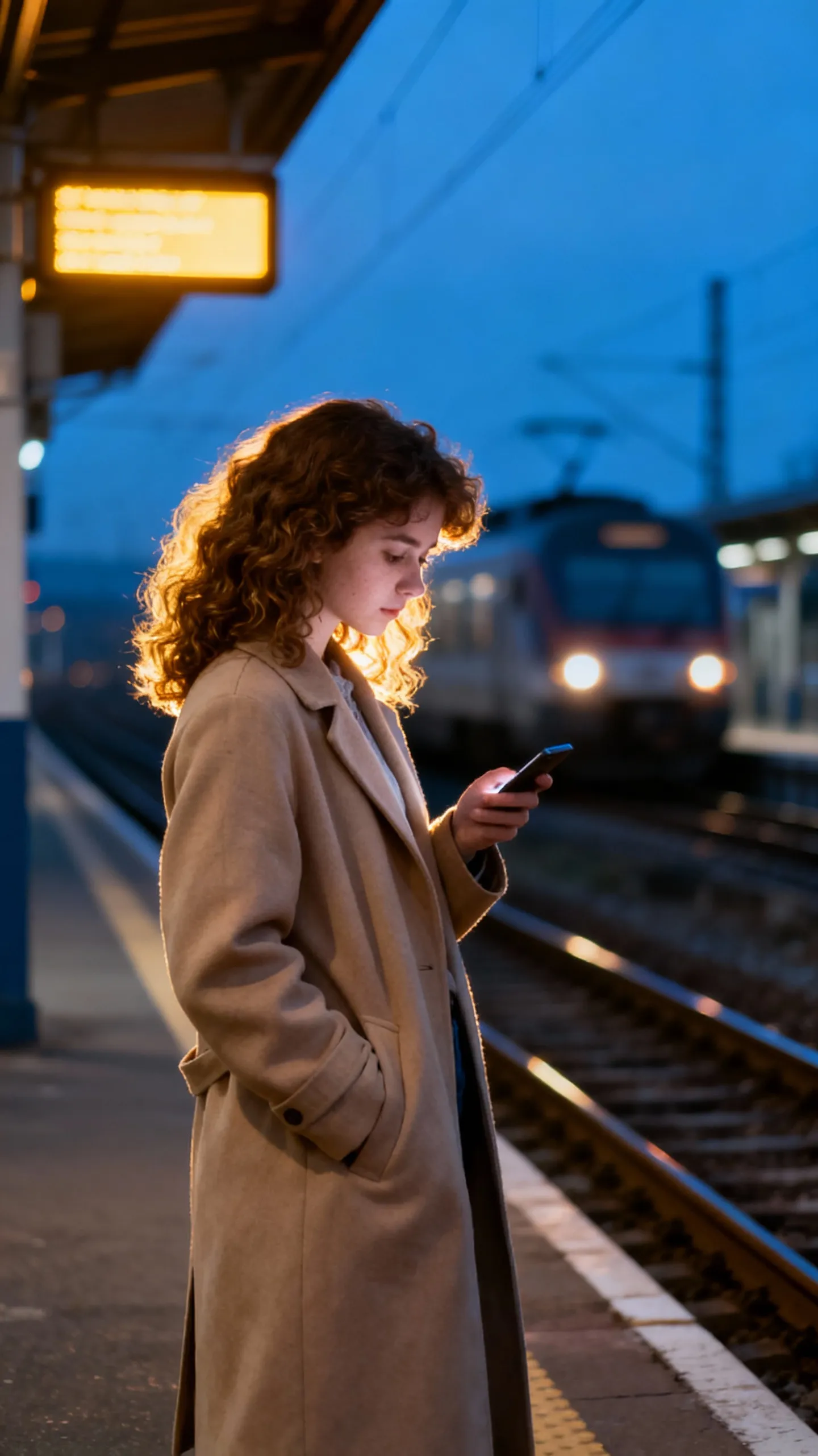 Девушка смотрит в телефон на вечерней железнодорожной платформе