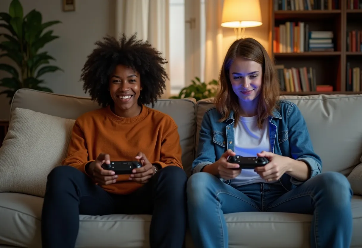 Два человека с игровыми контроллерами на диване